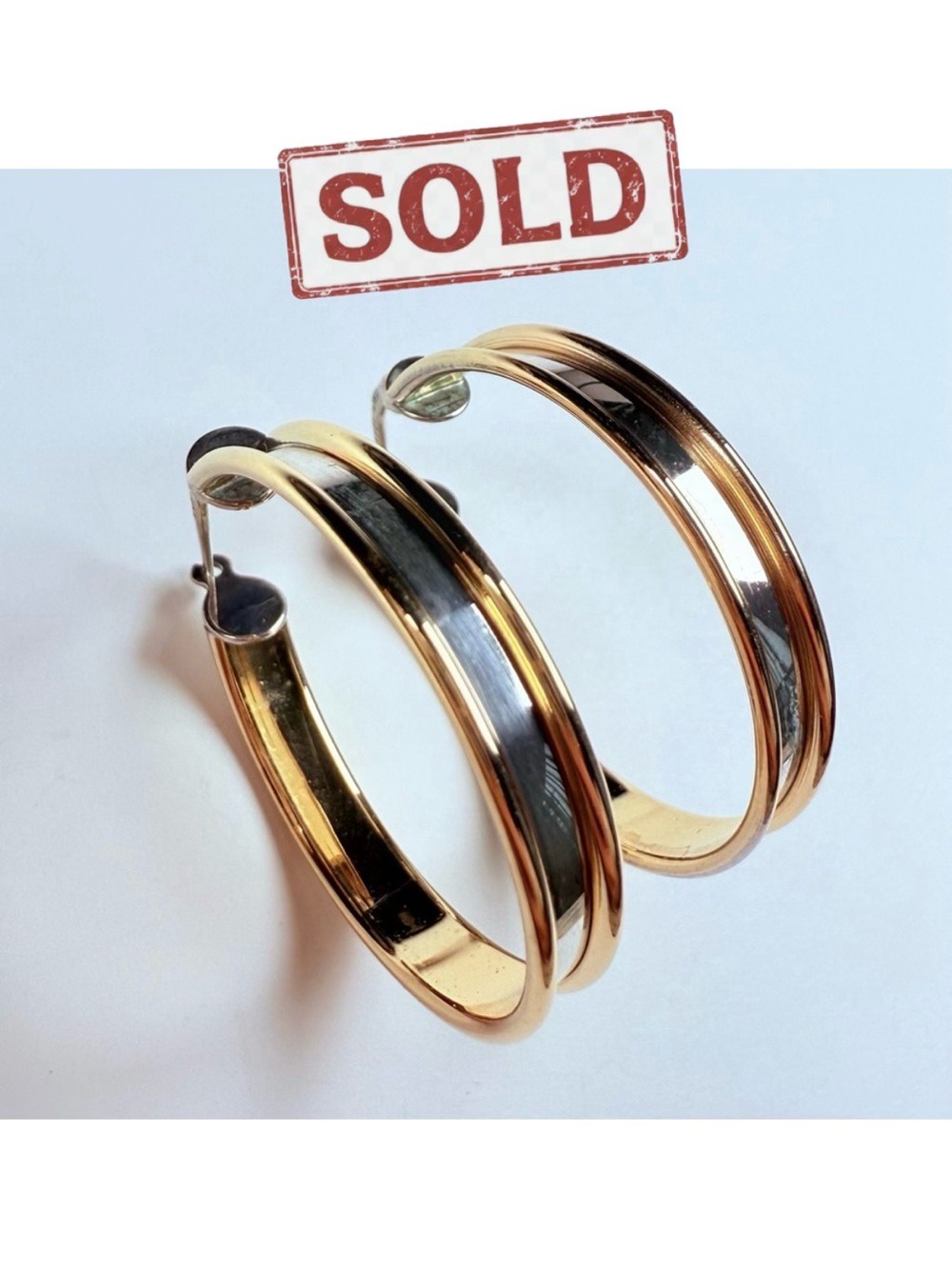 🎉Sold🎉 18K Yellow Gold & 925 Stelring Silver Hoops TwoTone Hoop Vintage Earrings